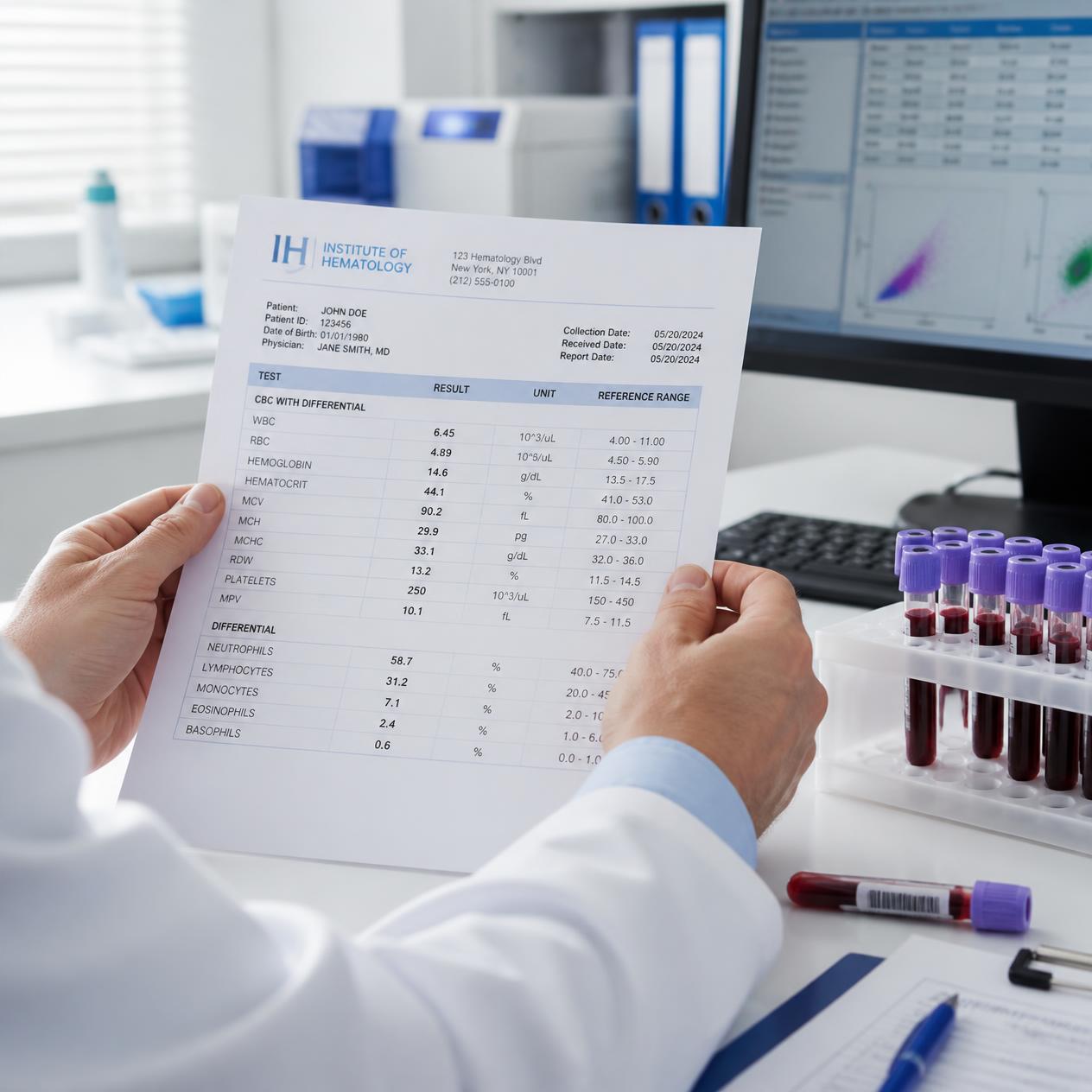Hematolog analizuje wyniki morfologii krwi z odchyleniami
