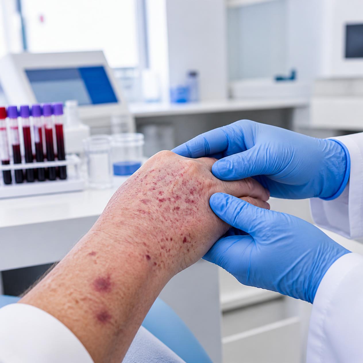 Hematolog bada skórę pacjenta z siniakami i wybroczynami