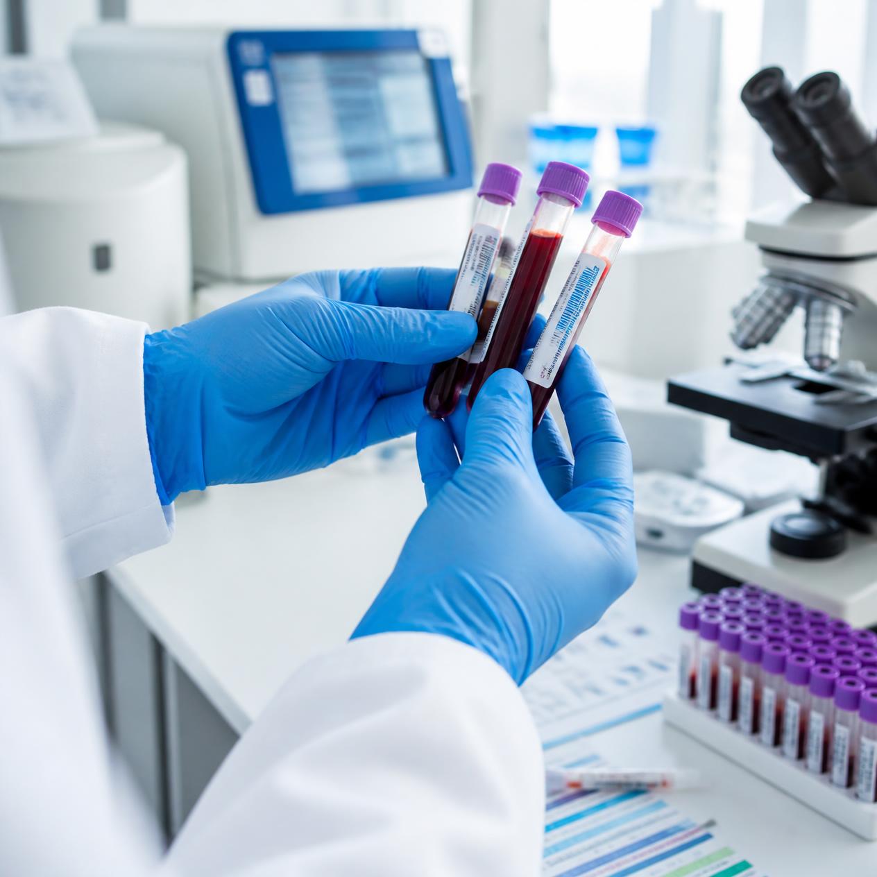 Hematolog trzymający probówki z próbkami krwi w laboratorium